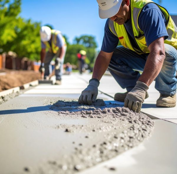 Workers are pouring and smoothing concrete on sidewalk, showcasing teamwork and craftsmanship in construction. scene is vibrant with greenery and residential buildings in background