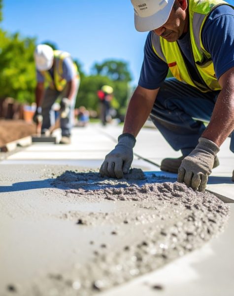 Workers are pouring and smoothing concrete on sidewalk, showcasing teamwork and craftsmanship in construction. scene is vibrant with greenery and residential buildings in background