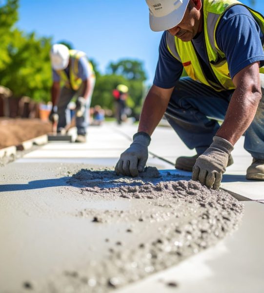 Workers are pouring and smoothing concrete on sidewalk, showcasing teamwork and craftsmanship in construction. scene is vibrant with greenery and residential buildings in background